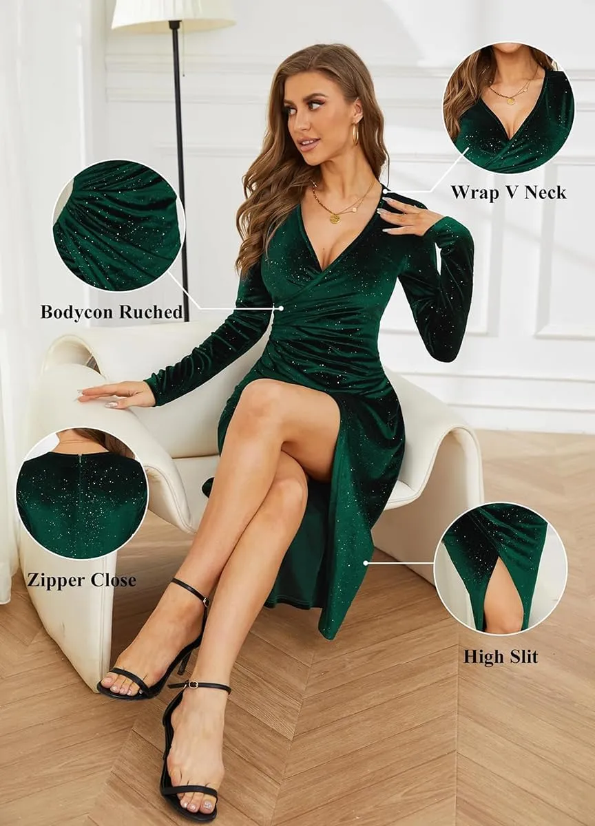 VECVOC Women's V Neck Long Sleeve Velvet Dress Elegant Ruched Bodycon Cocktail Party Fall Wedding Guest Dresses