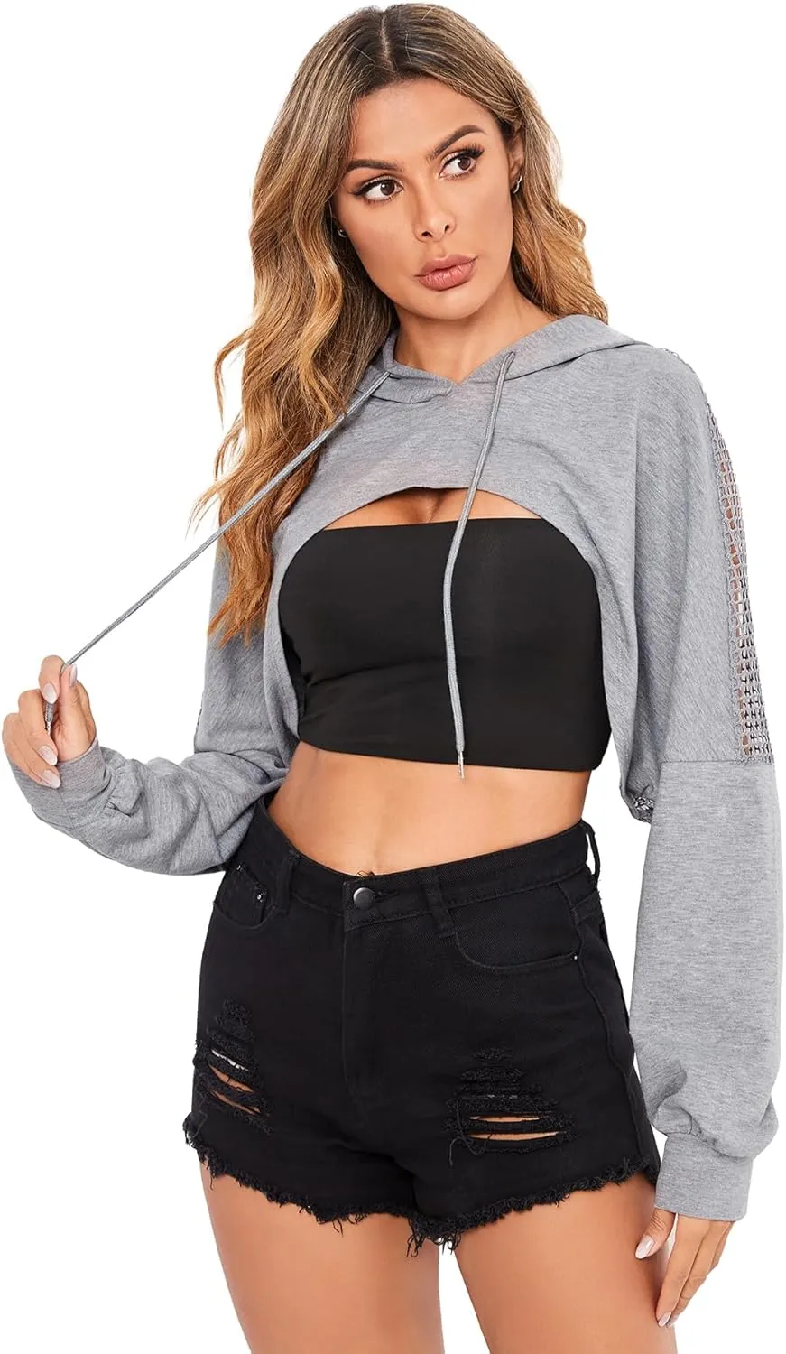 Verdusa Women's Sheer Fishnet Drop Shoulder Drawstring Hoodie Crop Sweatshirt