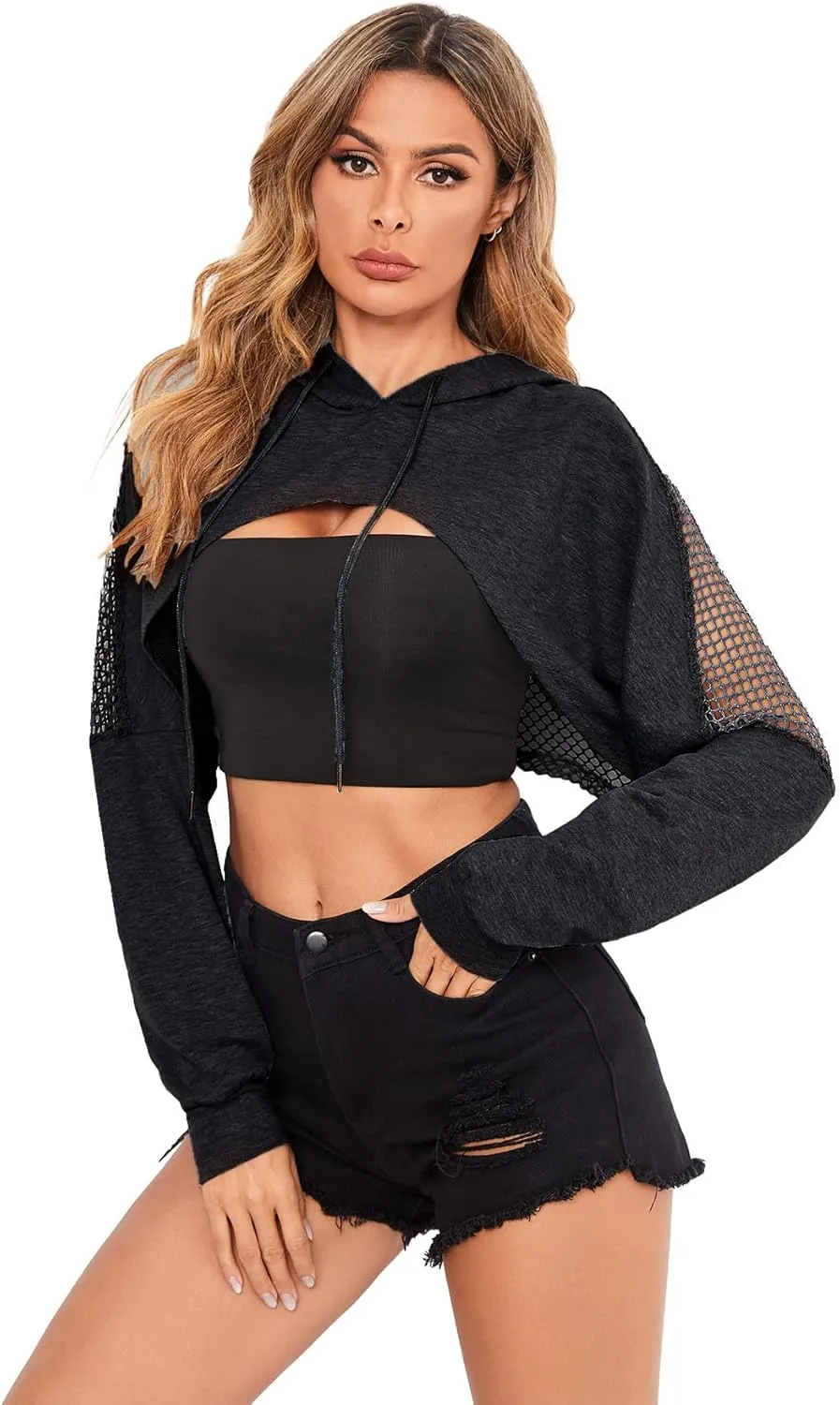 Verdusa Women's Sheer Fishnet Drop Shoulder Drawstring Hoodie Crop Sweatshirt