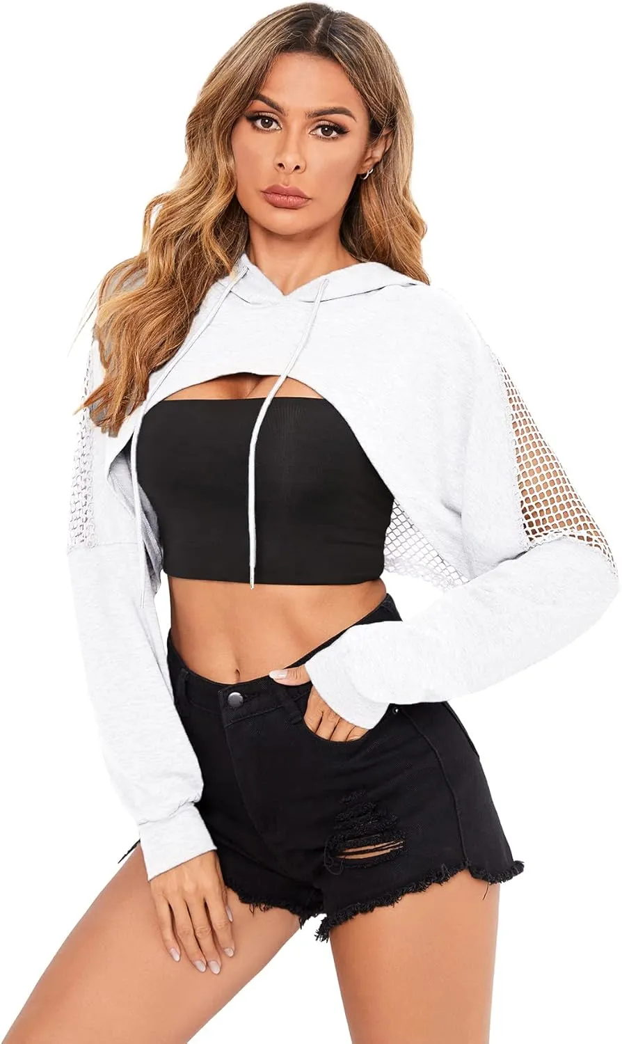 Verdusa Women's Sheer Fishnet Drop Shoulder Drawstring Hoodie Crop Sweatshirt
