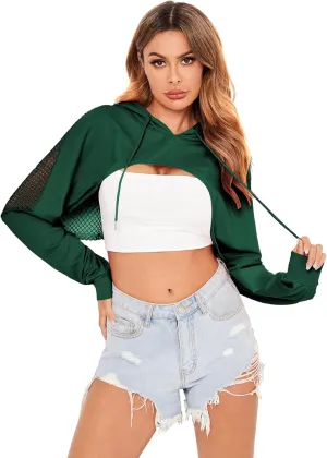 Verdusa Women's Sheer Fishnet Drop Shoulder Drawstring Hoodie Crop Sweatshirt