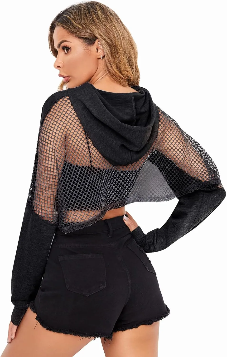 Verdusa Women's Sheer Fishnet Drop Shoulder Drawstring Hoodie Crop Sweatshirt