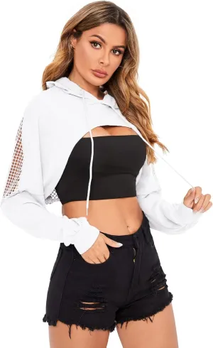 Verdusa Women's Sheer Fishnet Drop Shoulder Drawstring Hoodie Crop Sweatshirt