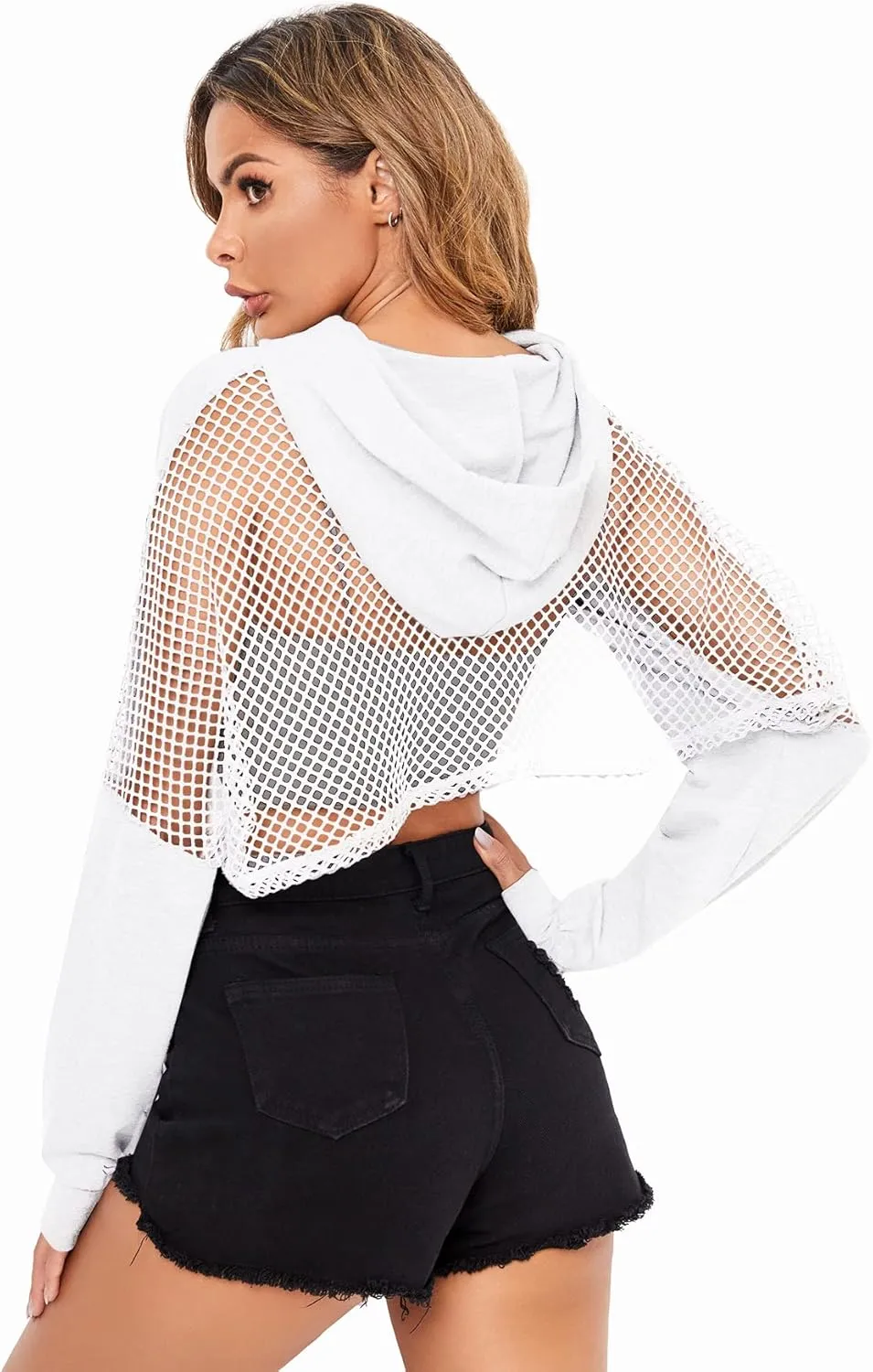 Verdusa Women's Sheer Fishnet Drop Shoulder Drawstring Hoodie Crop Sweatshirt