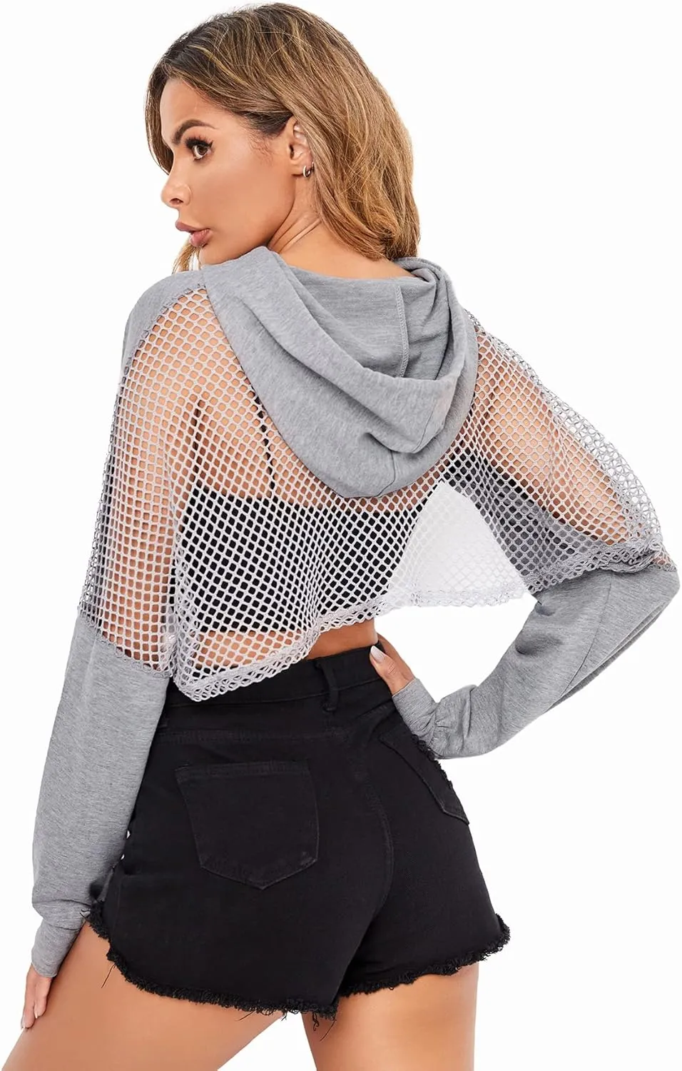 Verdusa Women's Sheer Fishnet Drop Shoulder Drawstring Hoodie Crop Sweatshirt
