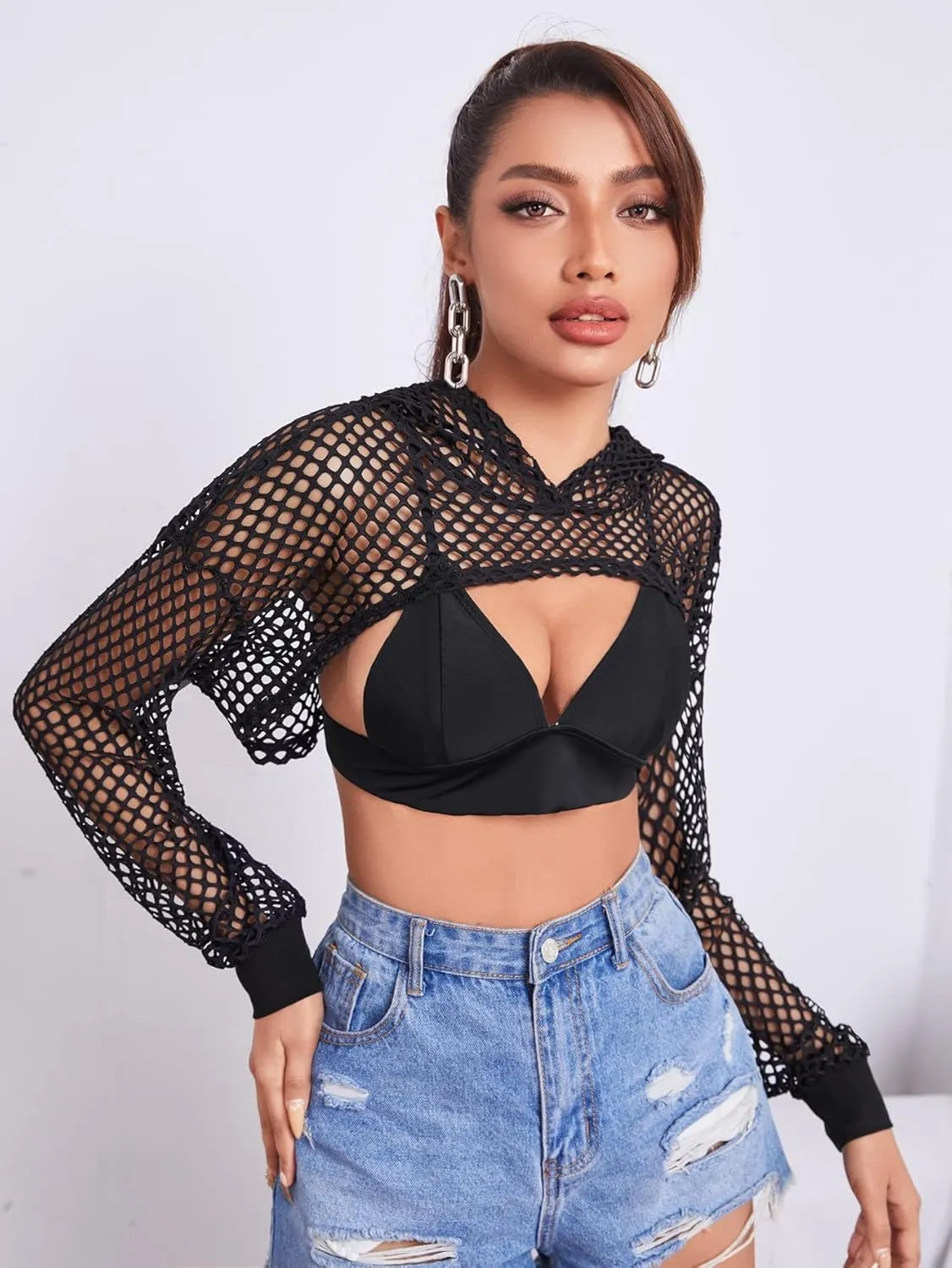 Verdusa Women's Sheer Fishnet Drop Shoulder Drawstring Hoodie Crop Sweatshirt