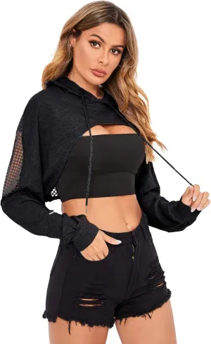 Verdusa Women's Sheer Fishnet Drop Shoulder Drawstring Hoodie Crop Sweatshirt