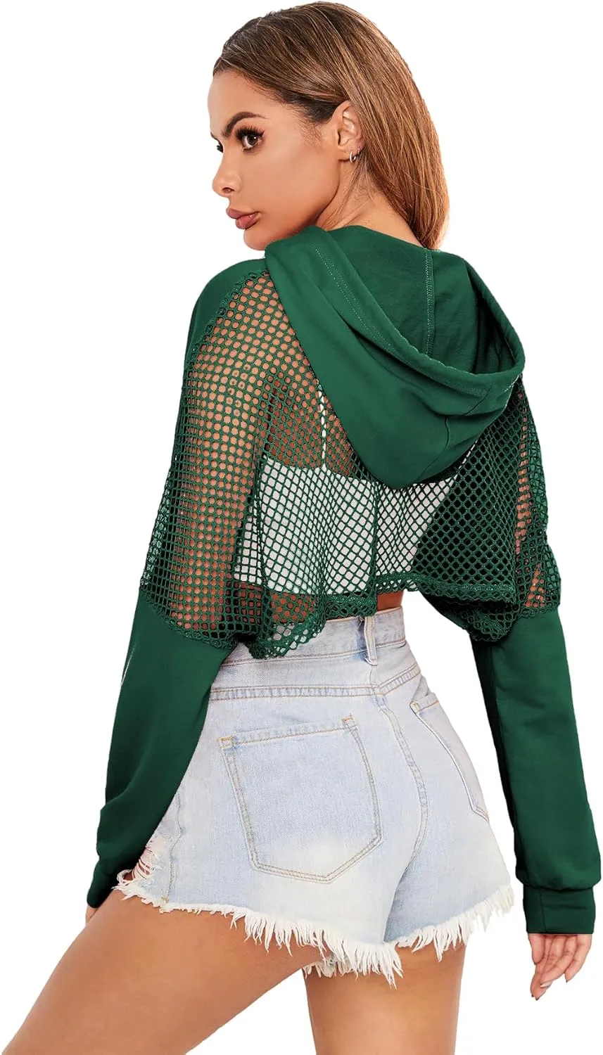 Verdusa Women's Sheer Fishnet Drop Shoulder Drawstring Hoodie Crop Sweatshirt