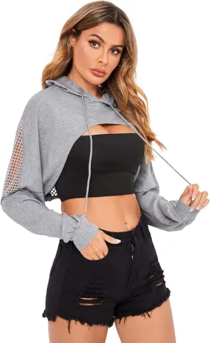 Verdusa Women's Sheer Fishnet Drop Shoulder Drawstring Hoodie Crop Sweatshirt