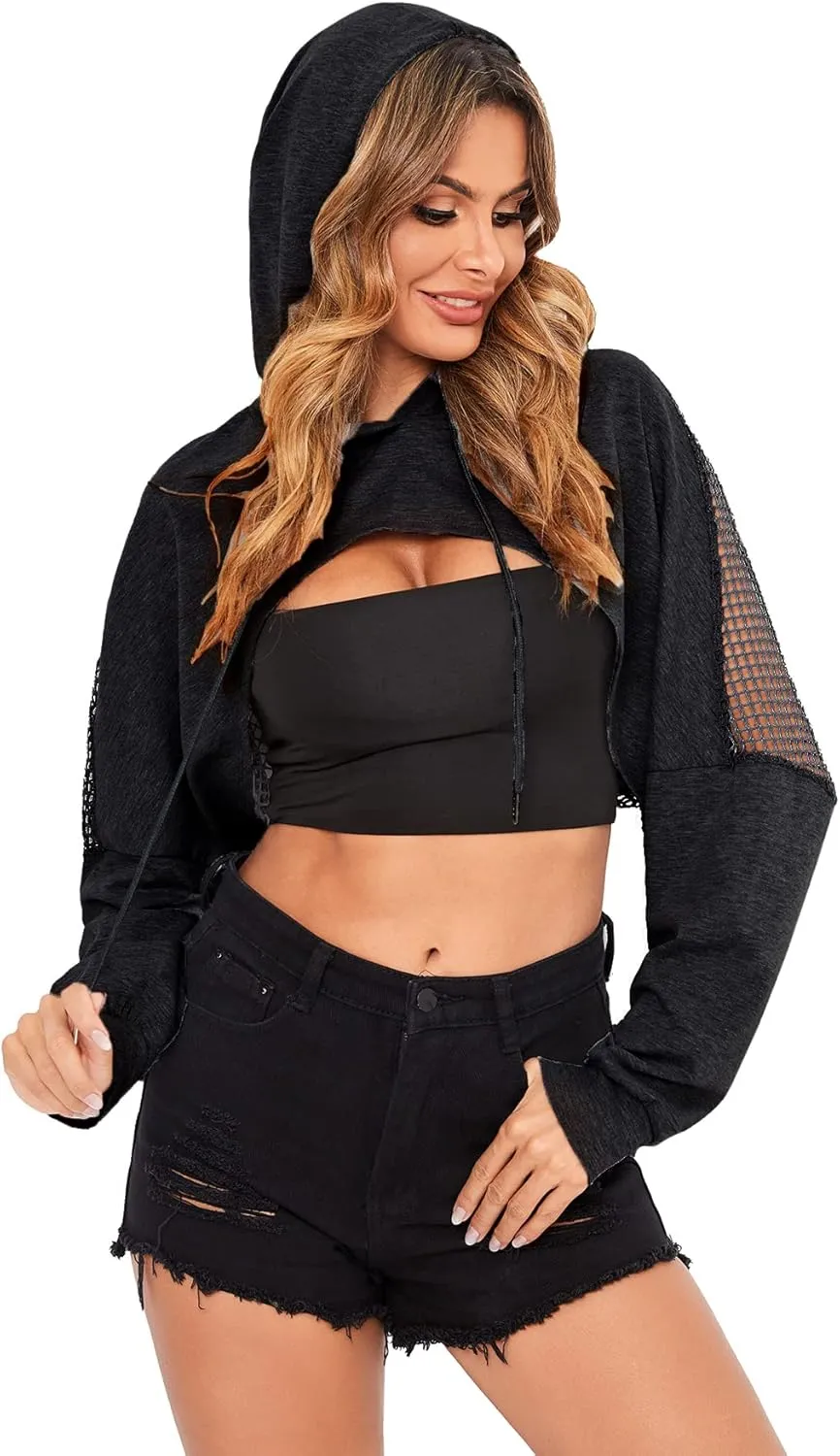 Verdusa Women's Sheer Fishnet Drop Shoulder Drawstring Hoodie Crop Sweatshirt