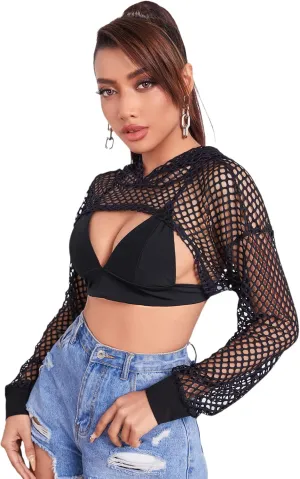 Verdusa Women's Sheer Fishnet Drop Shoulder Drawstring Hoodie Crop Sweatshirt
