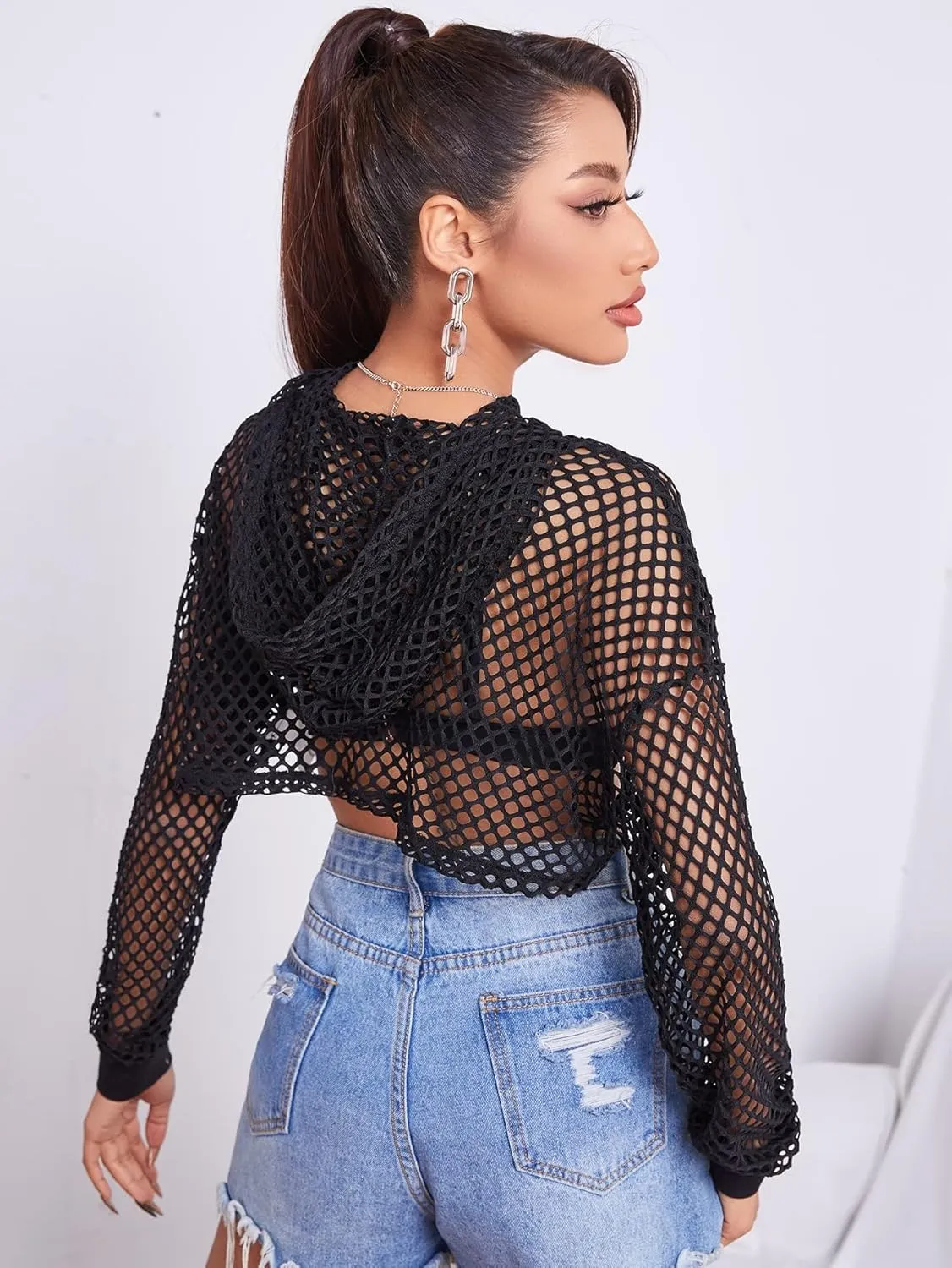 Verdusa Women's Sheer Fishnet Drop Shoulder Drawstring Hoodie Crop Sweatshirt