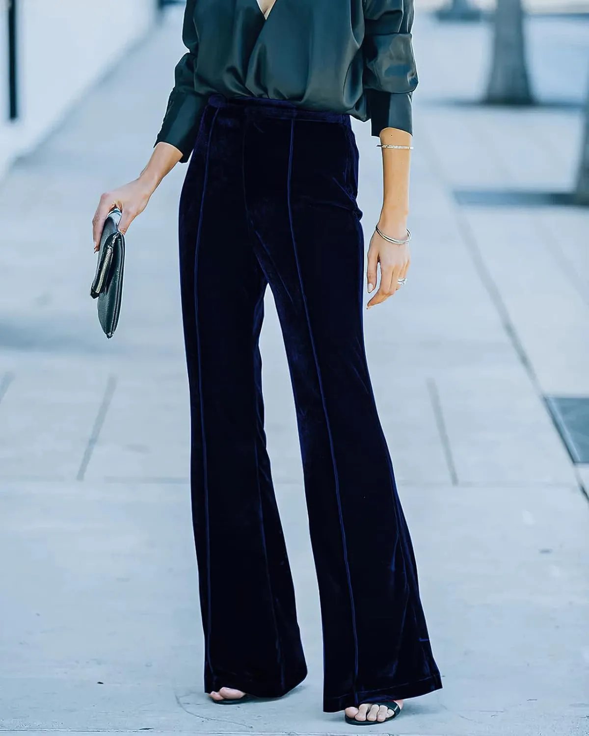 Viatabuna Velvet High Waist Pants for Women Flare Wide Leg Palazzo Pants Casual Bell Bottoms Long Trousers Streetwear