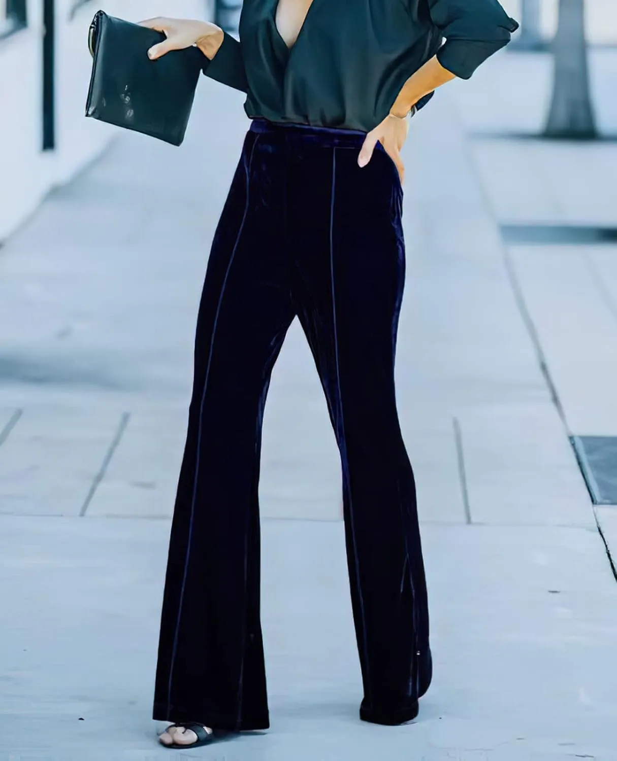 Viatabuna Velvet High Waist Pants for Women Flare Wide Leg Palazzo Pants Casual Bell Bottoms Long Trousers Streetwear