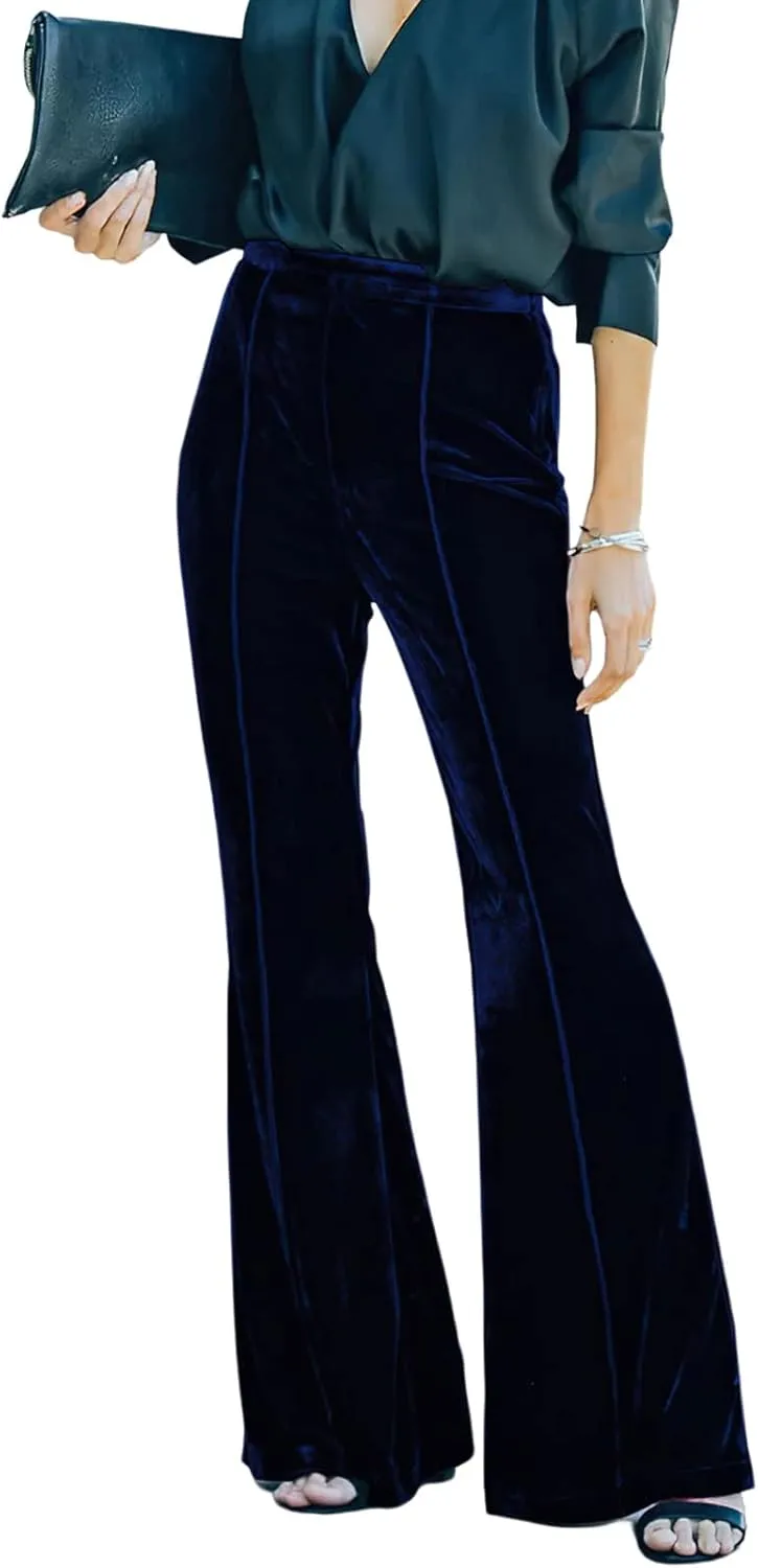 Viatabuna Velvet High Waist Pants for Women Flare Wide Leg Palazzo Pants Casual Bell Bottoms Long Trousers Streetwear