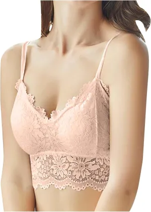 Women Lace Camisole with Built in Bra Sleeveless Scalloped Trim Padded Bralette Sexy V-Neck Undershirt Crop Tank Tops