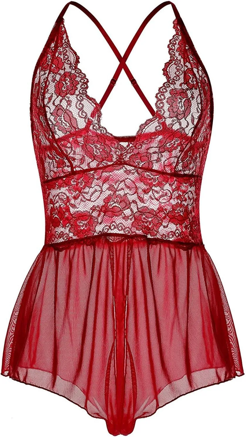 Women Lingerie Sheer Lace Mini Babydoll Teddy Sexy Bodysuit Backless Sleepwear