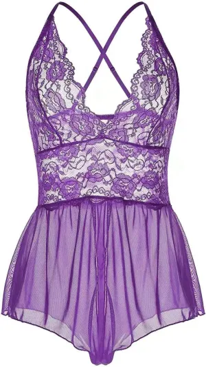 Women Lingerie Sheer Lace Mini Babydoll Teddy Sexy Bodysuit Backless Sleepwear