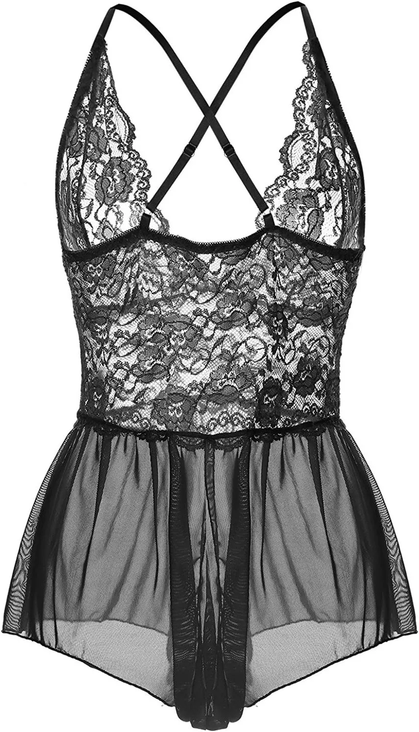 Women Lingerie Sheer Lace Mini Babydoll Teddy Sexy Bodysuit Backless Sleepwear