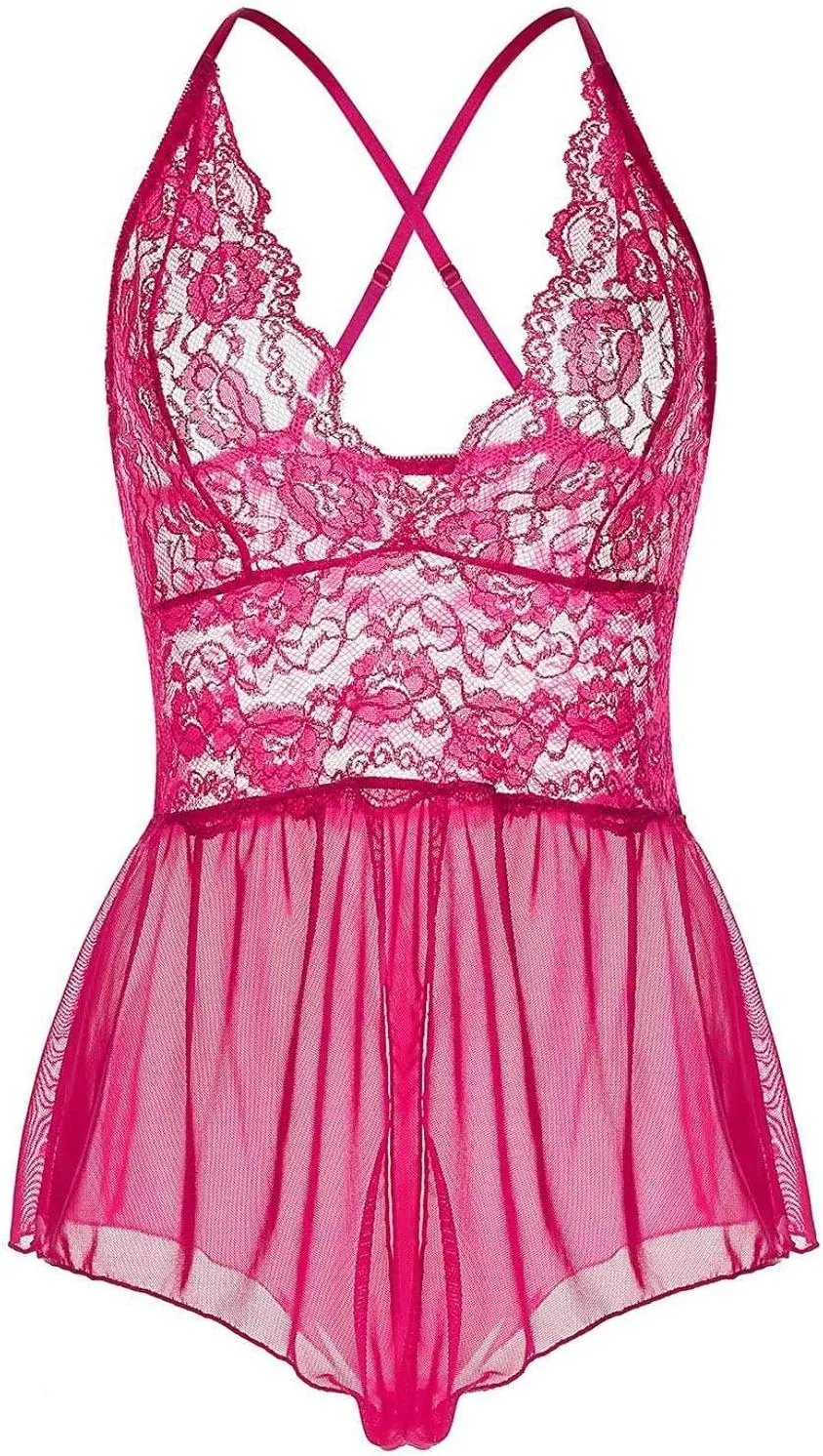 Women Lingerie Sheer Lace Mini Babydoll Teddy Sexy Bodysuit Backless Sleepwear
