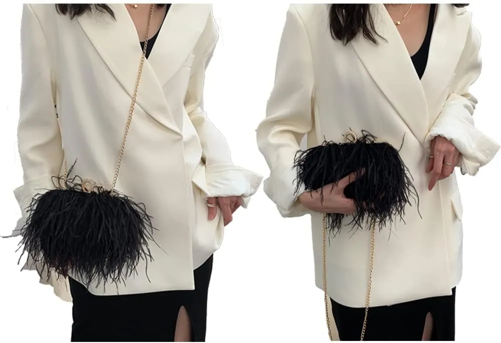 Women Real Natural Ostrich Feather Evening Bags Purses Clutch Vintage Banquet Handbag