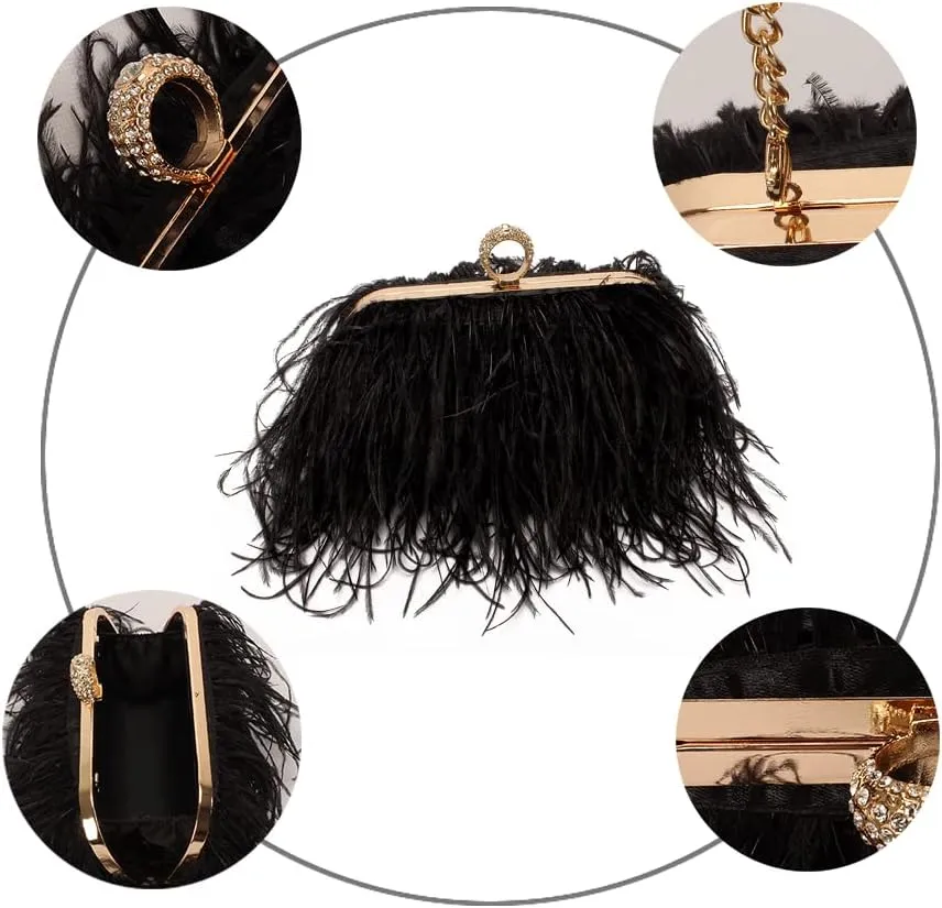 Women Real Natural Ostrich Feather Evening Bags Purses Clutch Vintage Banquet Handbag