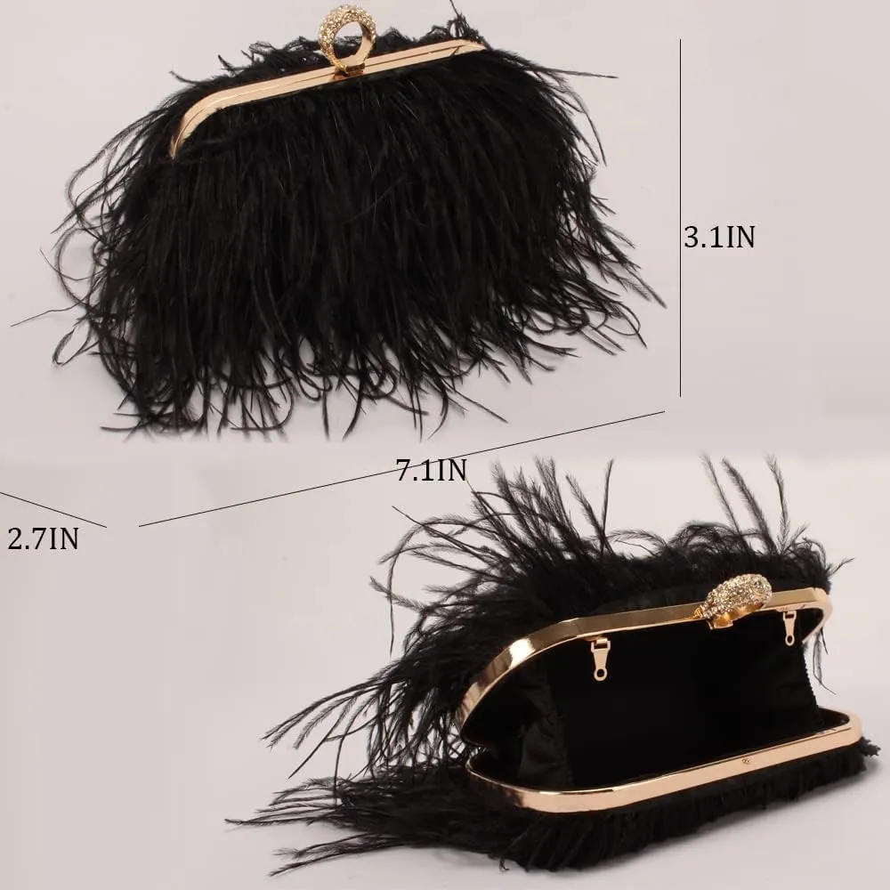 Women Real Natural Ostrich Feather Evening Bags Purses Clutch Vintage Banquet Handbag