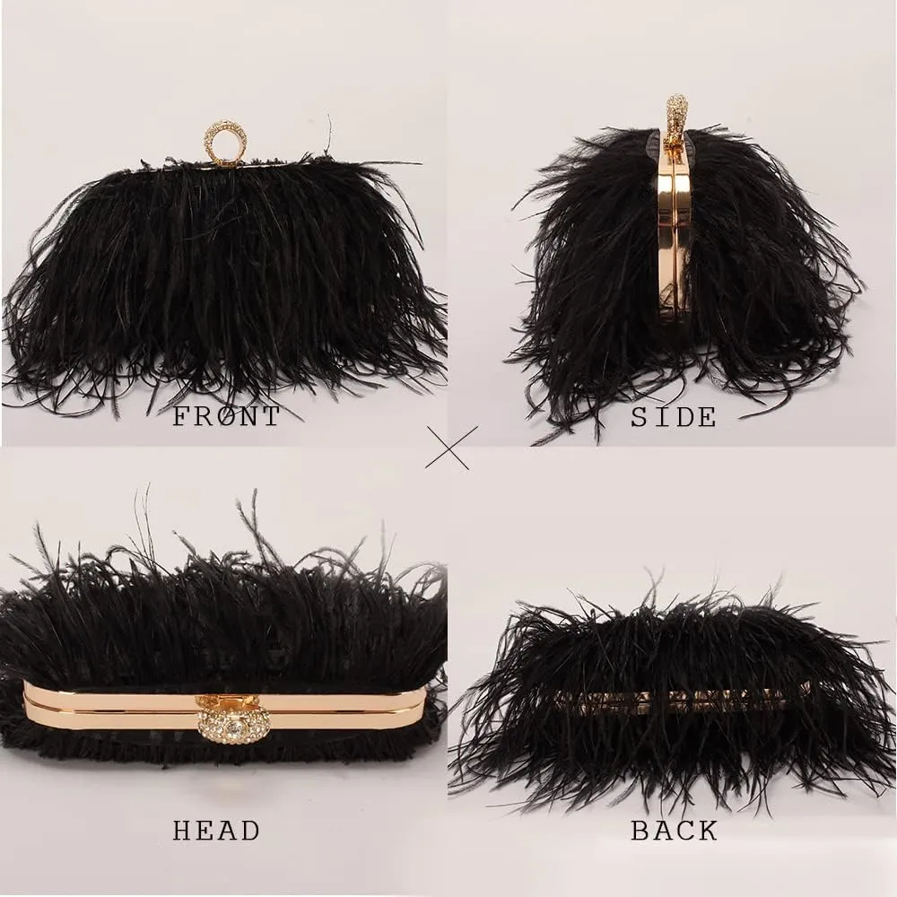 Women Real Natural Ostrich Feather Evening Bags Purses Clutch Vintage Banquet Handbag