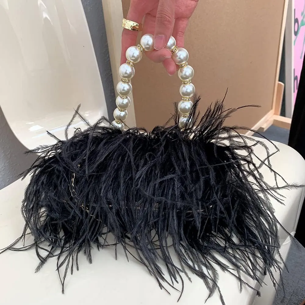 Women Real Natural Ostrich Feather Evening Bags Purses Clutch Vintage Banquet Handbag