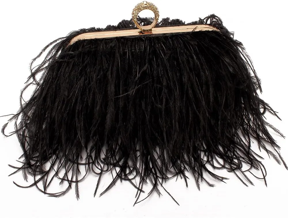Women Real Natural Ostrich Feather Evening Bags Purses Clutch Vintage Banquet Handbag