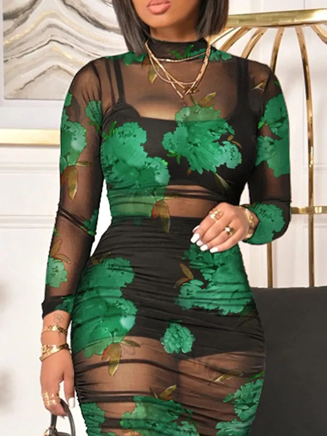 Women Sexy See Through Sheer Mesh Bodycon Midi Dress Long Sleeve Skirt 3 Piece Outfits Set Floral Print Cover Up