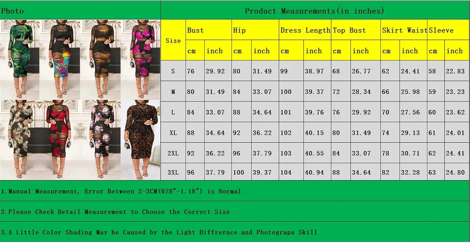 Women Sexy See Through Sheer Mesh Bodycon Midi Dress Long Sleeve Skirt 3 Piece Outfits Set Floral Print Cover Up
