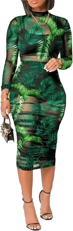 Women Sexy See Through Sheer Mesh Bodycon Midi Dress Long Sleeve Skirt 3 Piece Outfits Set Floral Print Cover Up