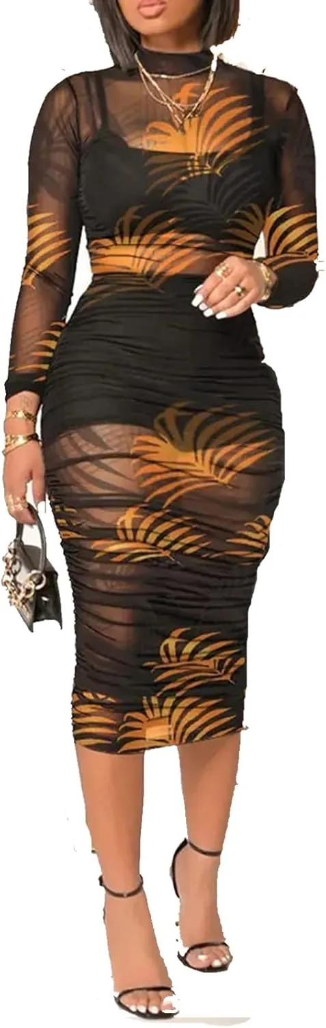 Women Sexy See Through Sheer Mesh Bodycon Midi Dress Long Sleeve Skirt 3 Piece Outfits Set Floral Print Cover Up