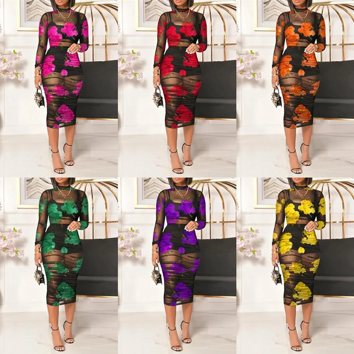 Women Sexy See Through Sheer Mesh Bodycon Midi Dress Long Sleeve Skirt 3 Piece Outfits Set Floral Print Cover Up