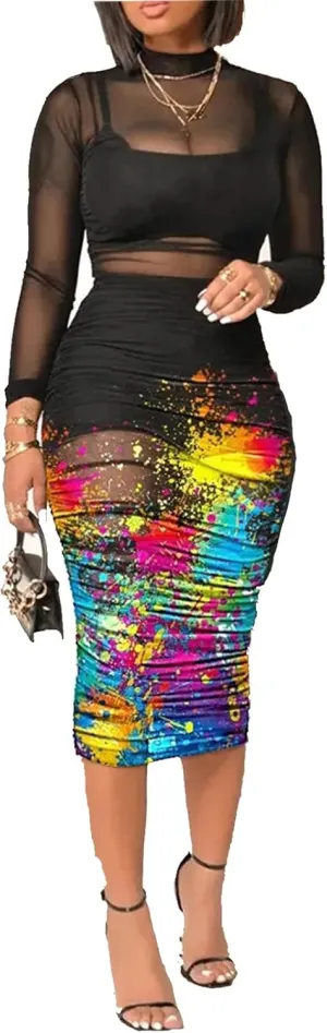 Women Sexy See Through Sheer Mesh Bodycon Midi Dress Long Sleeve Skirt 3 Piece Outfits Set Floral Print Cover Up