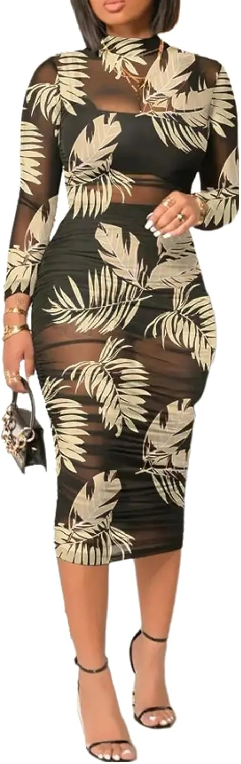 Women Sexy See Through Sheer Mesh Bodycon Midi Dress Long Sleeve Skirt 3 Piece Outfits Set Floral Print Cover Up