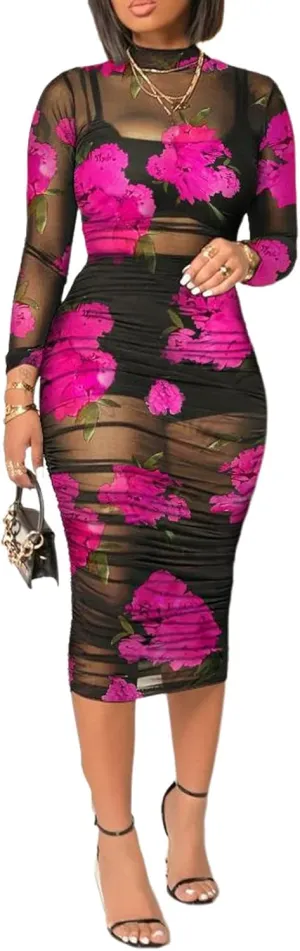 Women Sexy See Through Sheer Mesh Bodycon Midi Dress Long Sleeve Skirt 3 Piece Outfits Set Floral Print Cover Up