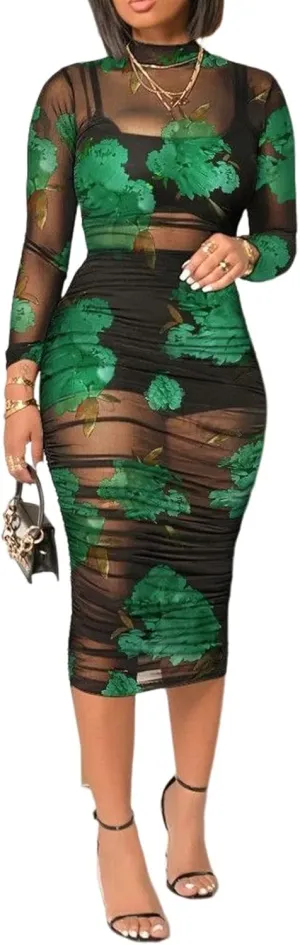 Women Sexy See Through Sheer Mesh Bodycon Midi Dress Long Sleeve Skirt 3 Piece Outfits Set Floral Print Cover Up