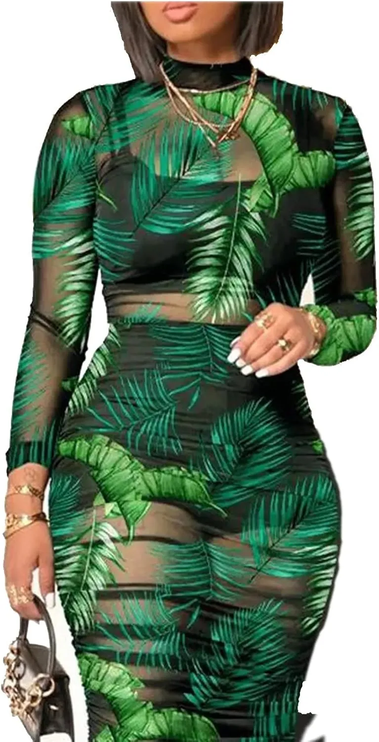 Women Sexy See Through Sheer Mesh Bodycon Midi Dress Long Sleeve Skirt 3 Piece Outfits Set Floral Print Cover Up