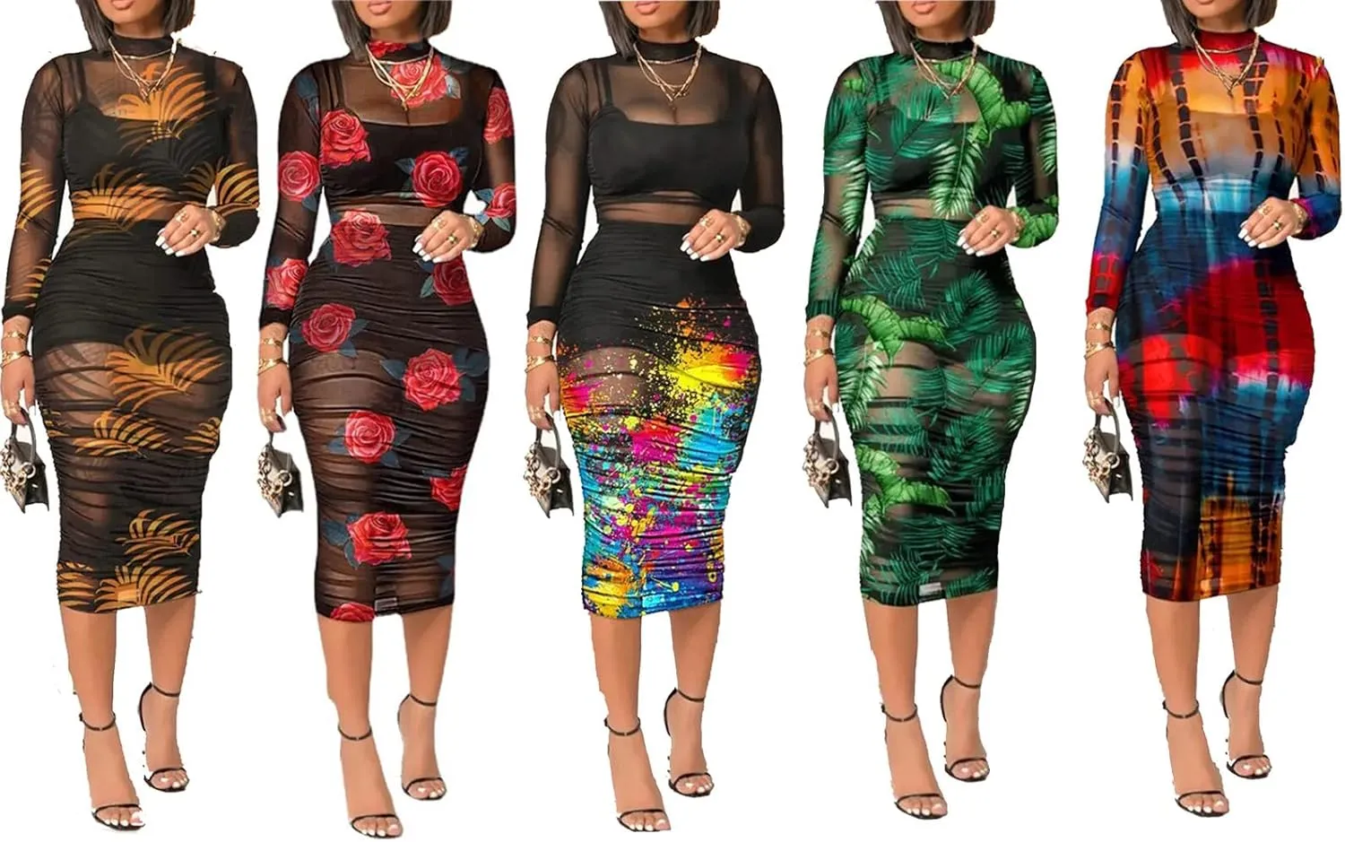 Women Sexy See Through Sheer Mesh Bodycon Midi Dress Long Sleeve Skirt 3 Piece Outfits Set Floral Print Cover Up