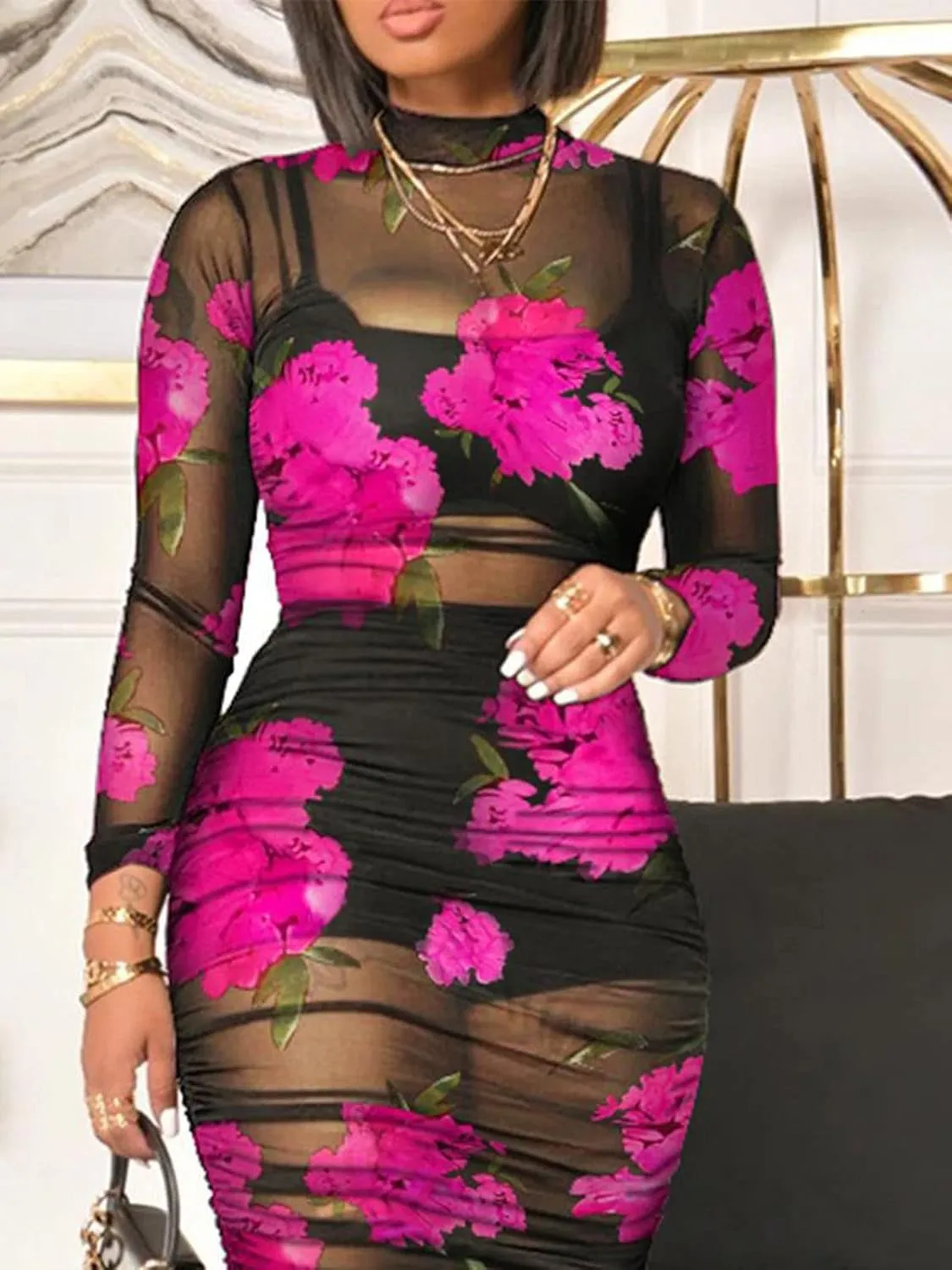 Women Sexy See Through Sheer Mesh Bodycon Midi Dress Long Sleeve Skirt 3 Piece Outfits Set Floral Print Cover Up