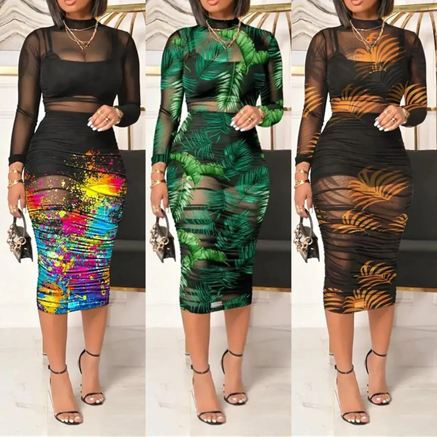 Women Sexy See Through Sheer Mesh Bodycon Midi Dress Long Sleeve Skirt 3 Piece Outfits Set Floral Print Cover Up