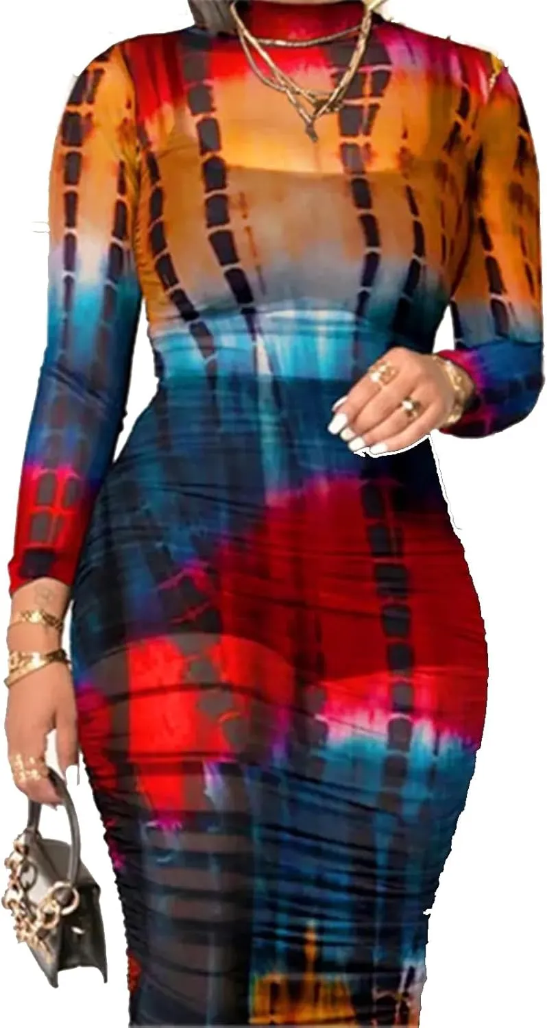 Women Sexy See Through Sheer Mesh Bodycon Midi Dress Long Sleeve Skirt 3 Piece Outfits Set Floral Print Cover Up