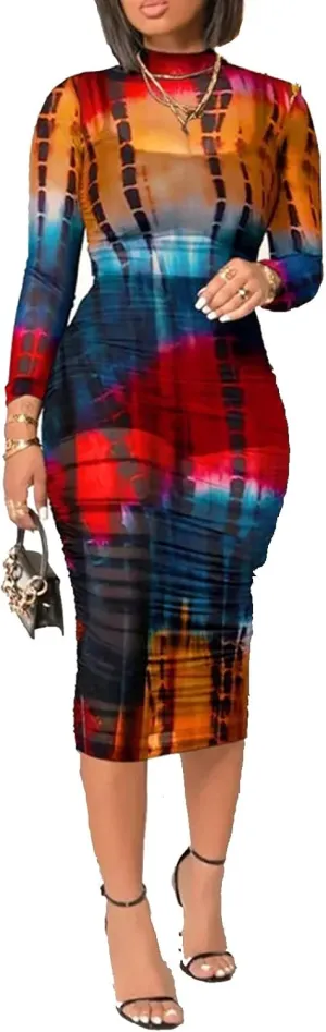 Women Sexy See Through Sheer Mesh Bodycon Midi Dress Long Sleeve Skirt 3 Piece Outfits Set Floral Print Cover Up