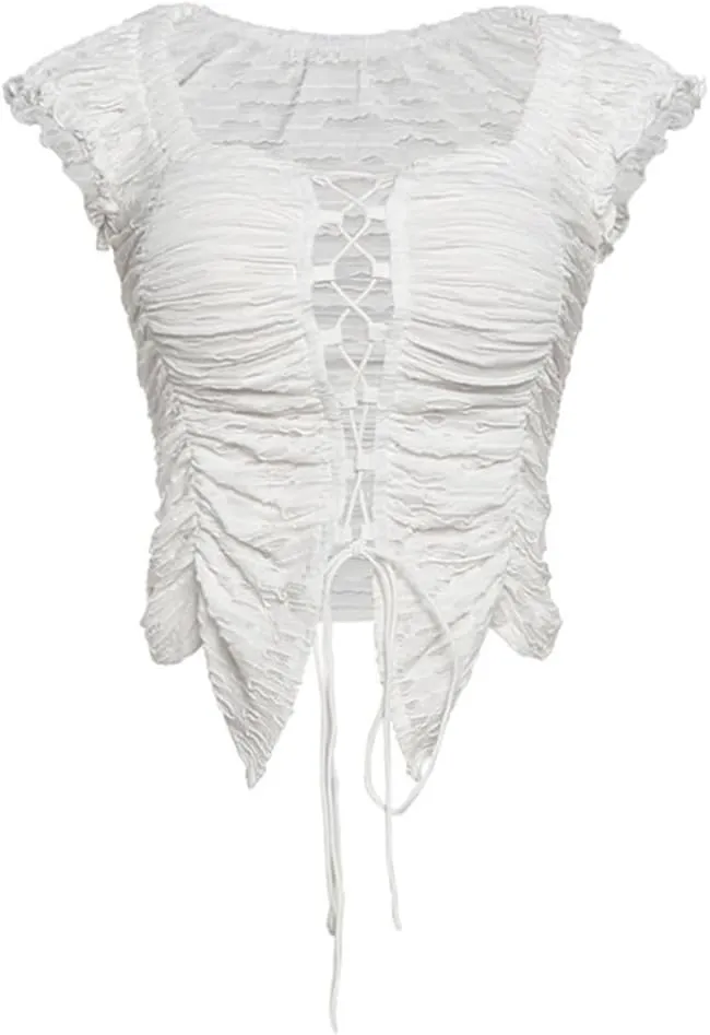 Women Tie Front Lace Trim Shirt Boho Short Sleeve Button Sheer Ruffle Flowy Blouse Y2K Coquette Going Out Tops