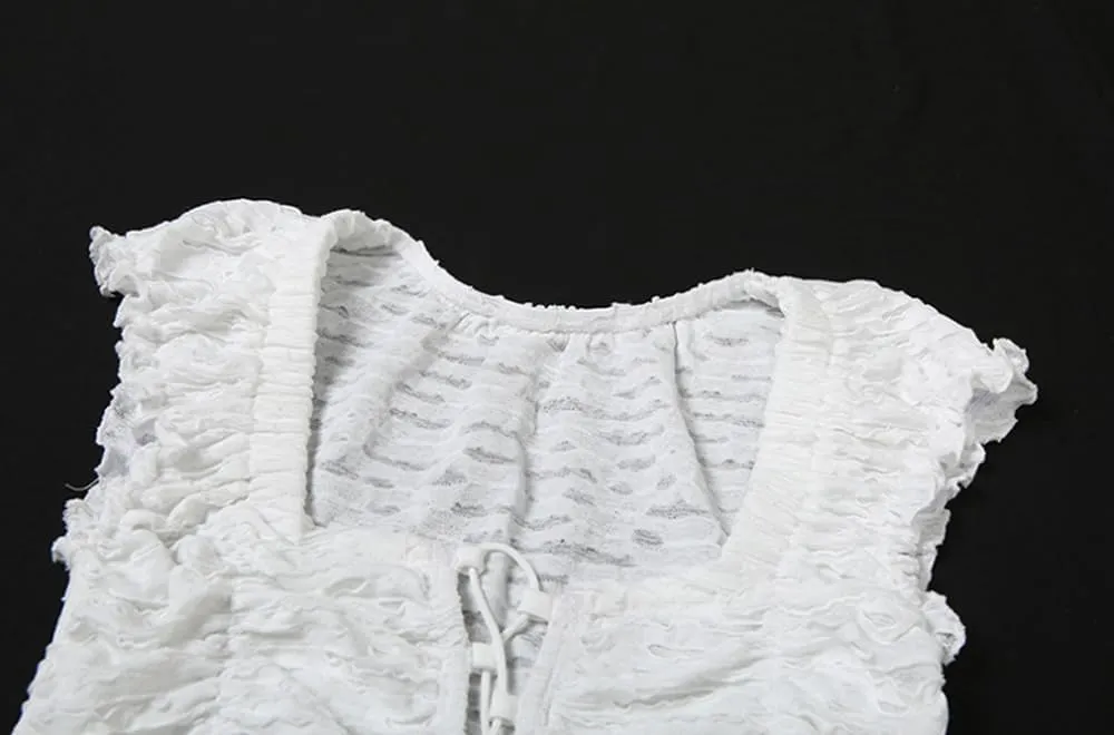 Women Tie Front Lace Trim Shirt Boho Short Sleeve Button Sheer Ruffle Flowy Blouse Y2K Coquette Going Out Tops