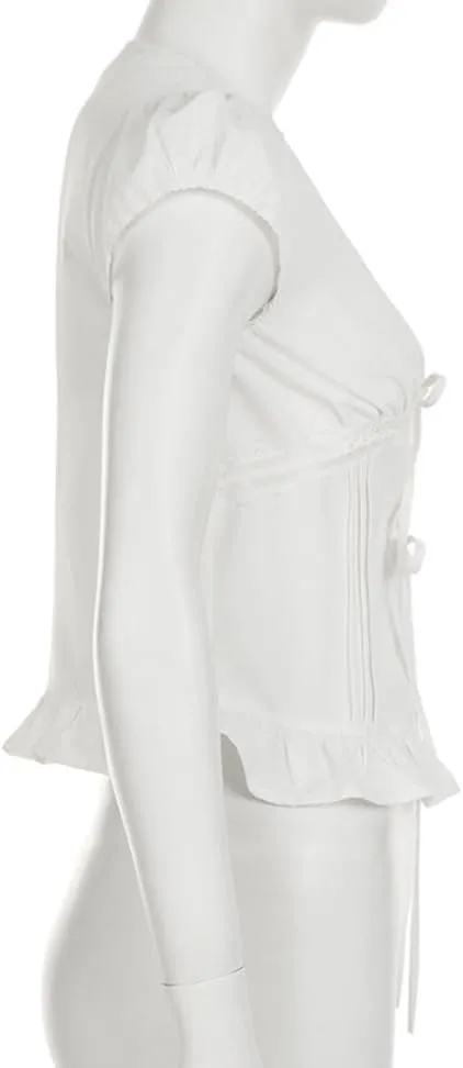 Women Tie Front Lace Trim Shirt Boho Short Sleeve Button Sheer Ruffle Flowy Blouse Y2K Coquette Going Out Tops