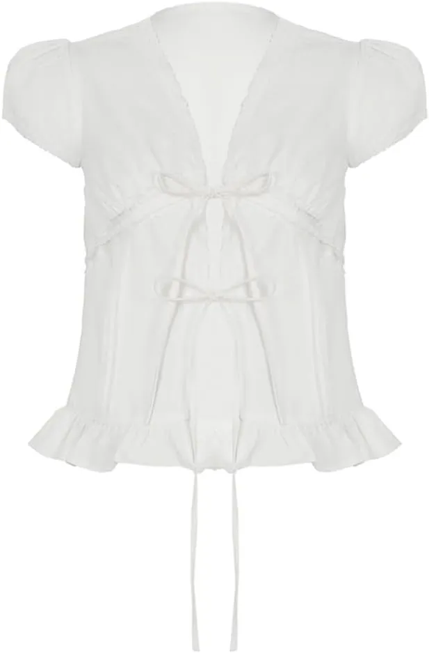 Women Tie Front Lace Trim Shirt Boho Short Sleeve Button Sheer Ruffle Flowy Blouse Y2K Coquette Going Out Tops