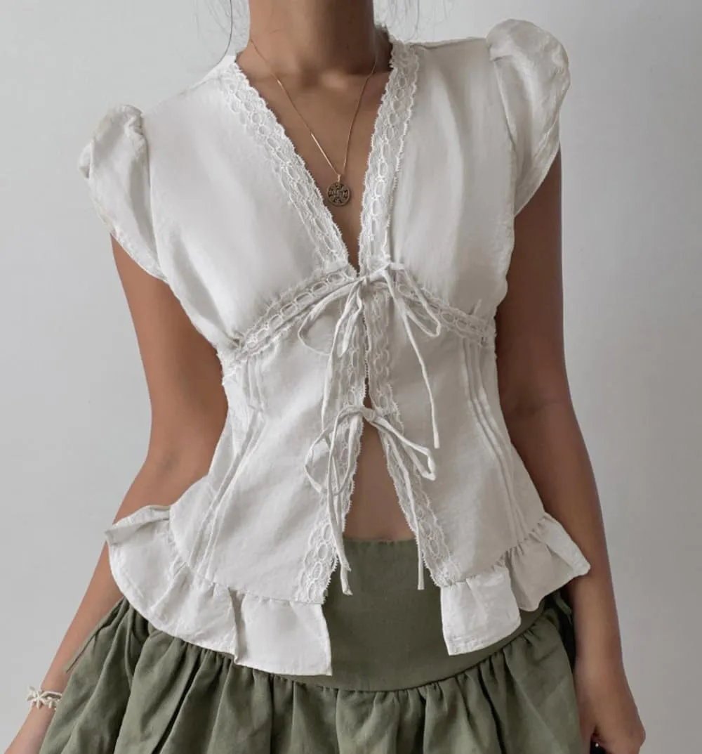 Women Tie Front Lace Trim Shirt Boho Short Sleeve Button Sheer Ruffle Flowy Blouse Y2K Coquette Going Out Tops
